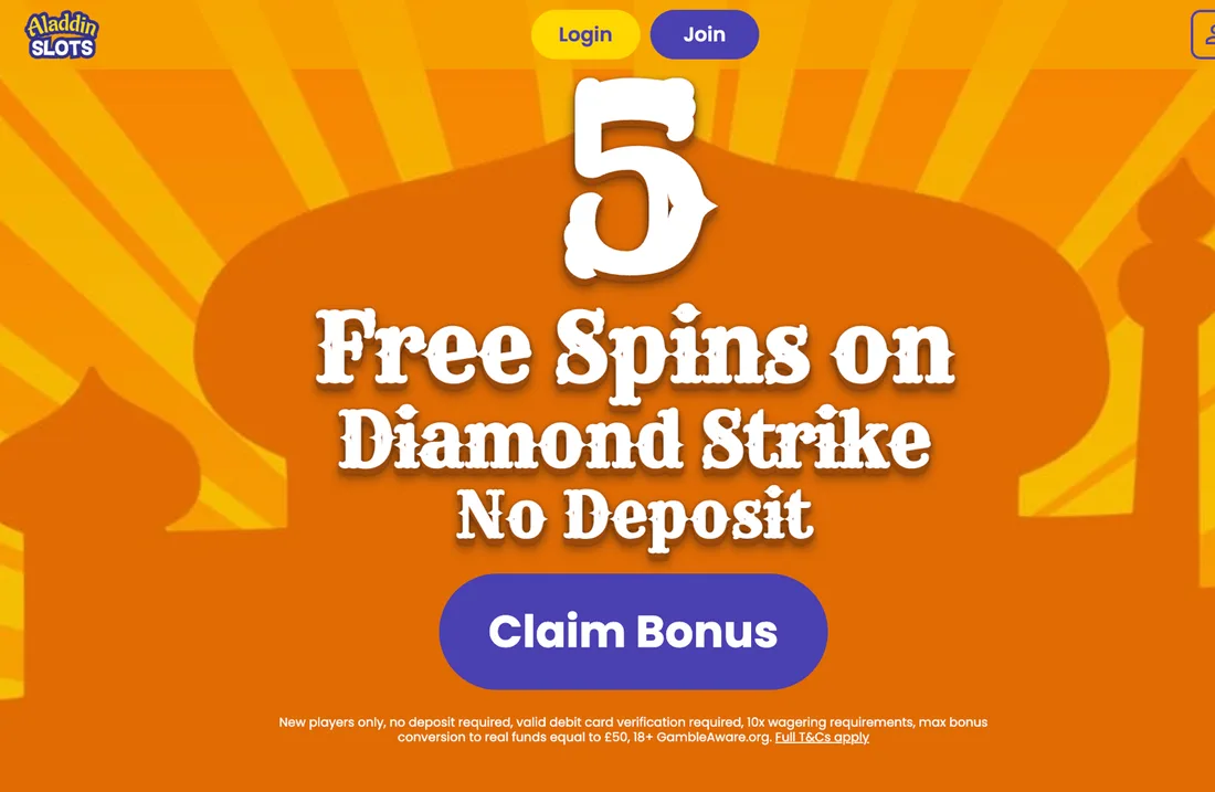 Aladdin Slots landing page: 5 Free Spins on Diamond Strike, No Deposit, with the significant terms in the fine print