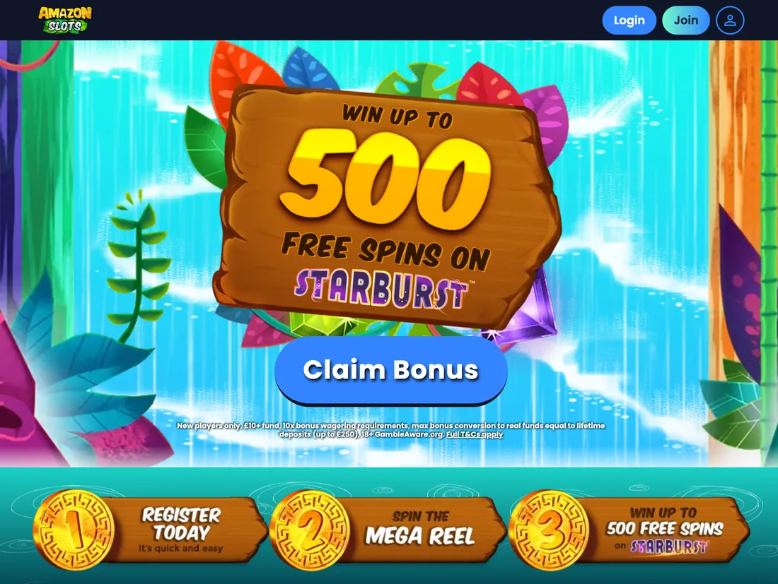Amazon Slots landing page: win up to 500 Free Spins on Starburst via the Mega Reel, with the significant terms in the fine print