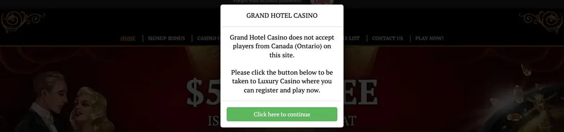 Interstitial on Grand Hotel Casino from a Toronto connection stating it does not accept players from Canada Ontario and offering a button through to Luxury Casino