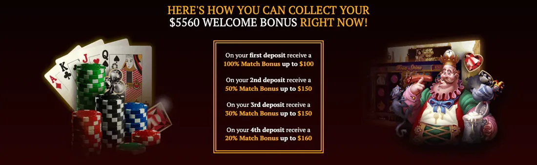 Grand Hotel Casino promotions page showing the four-deposit match bonus ladder: 100 percent up to 100 dollars, 50 percent up to 150, 30 percent up to 150, and 20 percent up to 160