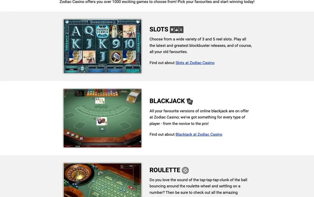 Zodiac Casino Canada games page showing the slots, blackjack and roulette categories from the Microgaming library