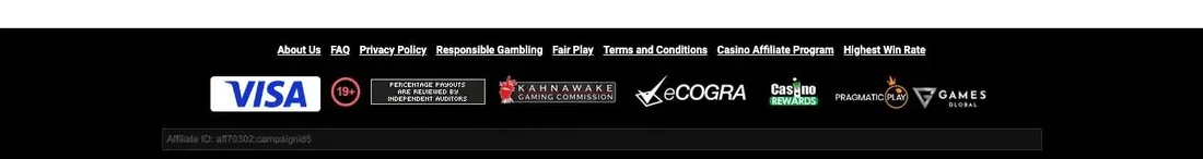 Zodiac Casino Canadian site footer with the 19+ badge, Kahnawake Gaming Commission seal, eCOGRA seal, Casino Rewards mark and independent payout audit note